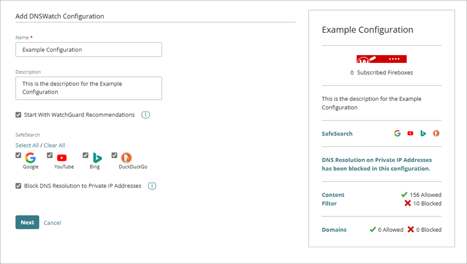 Screenshot of the first page of the Add DNSWatch Configuration wizard with options selected.