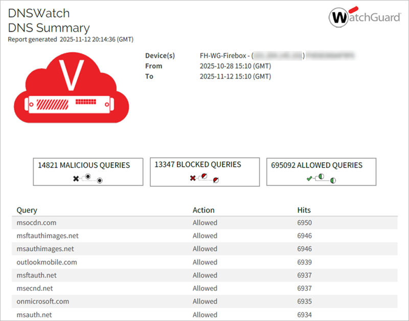 Screenshot of the DNSWatch DNS Summary scheduled Firebox report