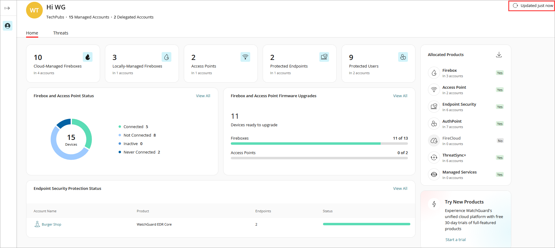 Screen shot of the Home Service Provider dashboard in WatchGuard Cloud