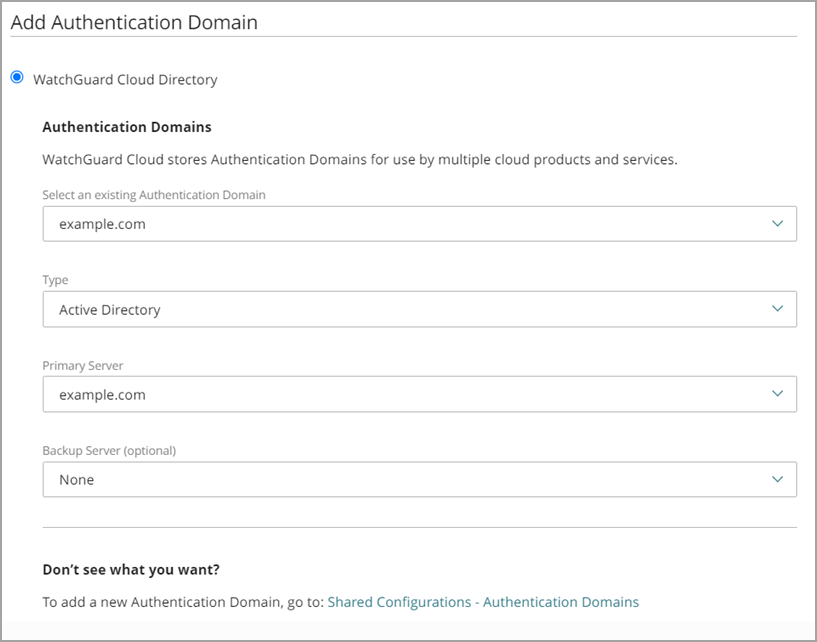 Screen shot of the Add Authentication Domain page