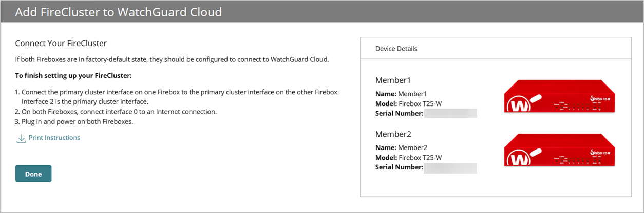 Screen shot of the finish page of the Add Device Wizard for FireCluster
