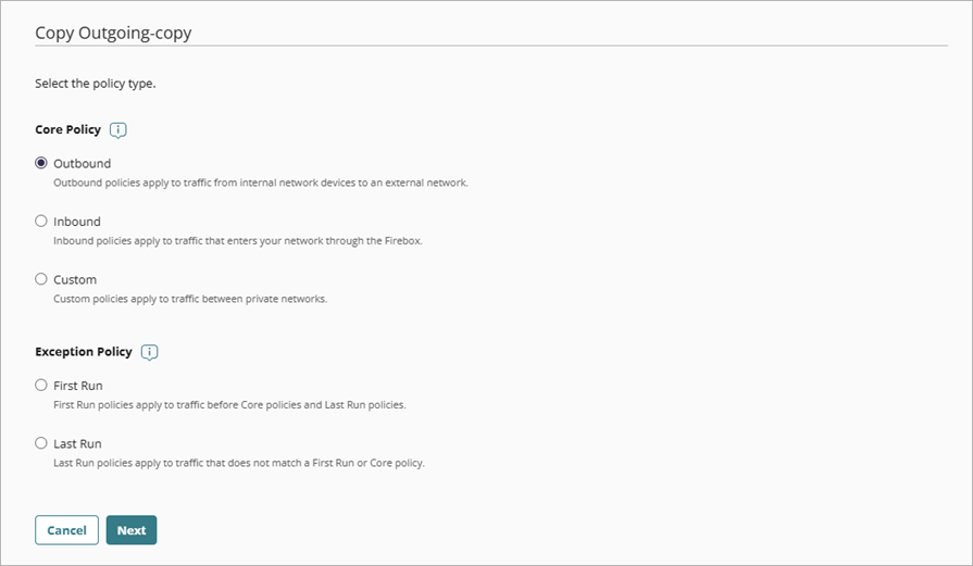 Screenshot of the Copy Firewall Policy page.