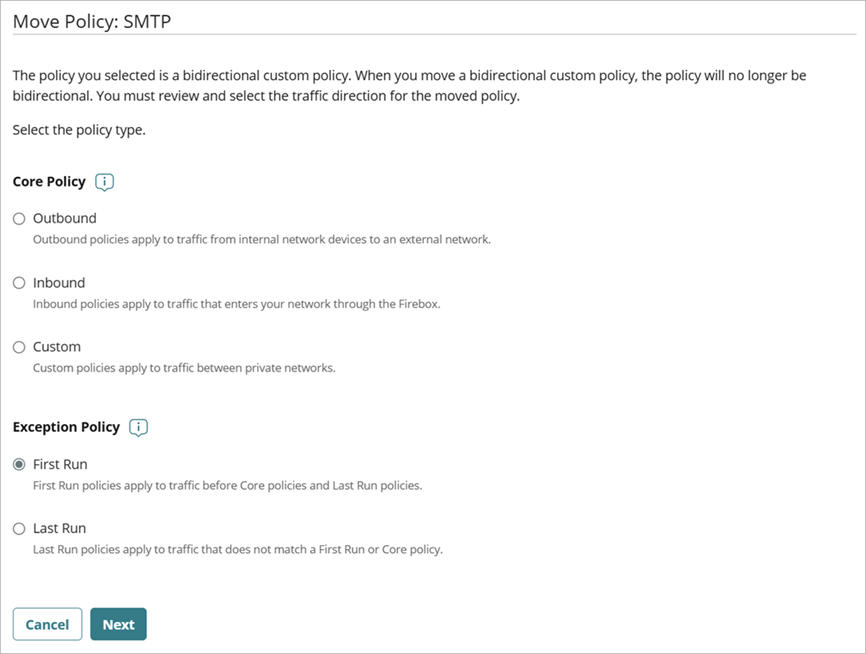 Screenshot of the Move Firewall Policy page for a bidirectional policy.