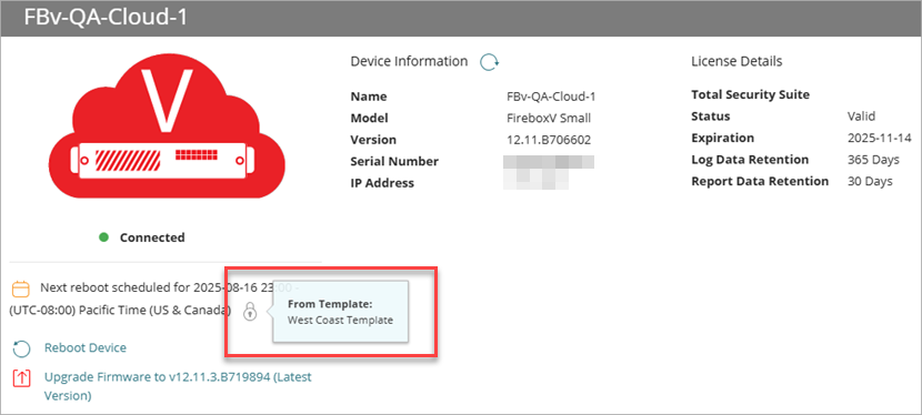 Screenshot of Device Settings with recurring reboot scheduled. Shows lock icon and popover that shows where the recurring reboot is configured.