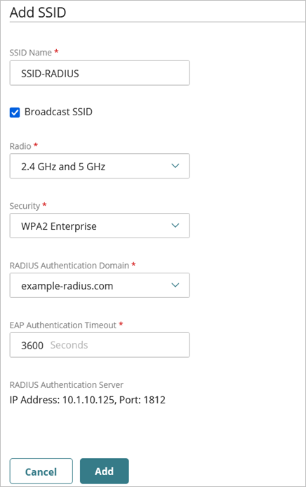 Screen shot of the wireless network settings with WPA2 Enterprise RADIUS authentication