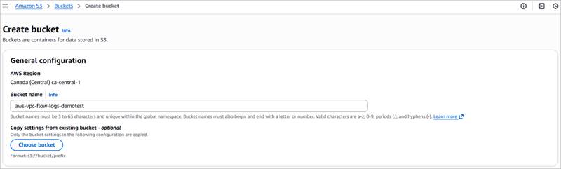Screenshot of the Create bucket section in Amazon S3