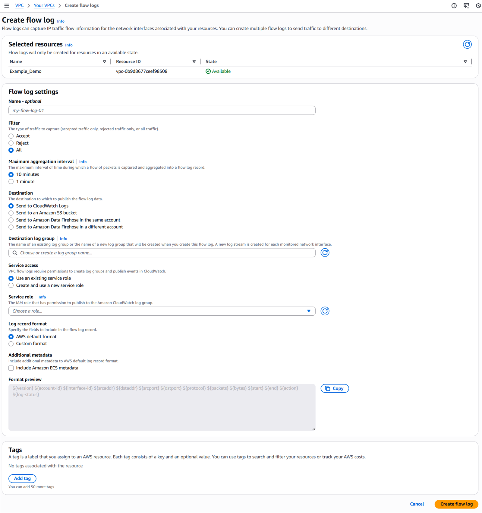 Screenshot of the Create flow log page in the AWS Management Console