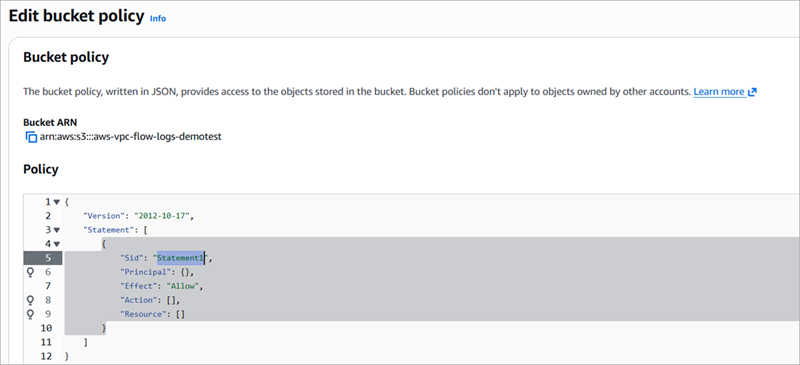 Screenshot of an empty policy in Amazon S3