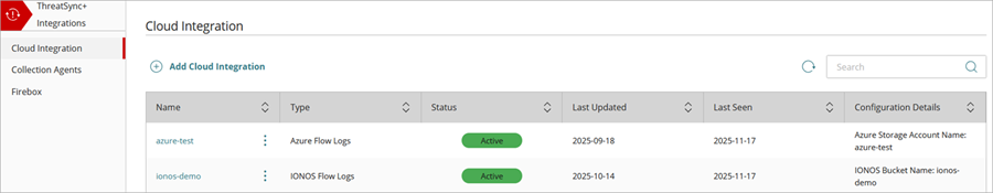 Screenshot of a successful cloud integration added that shows the Active status