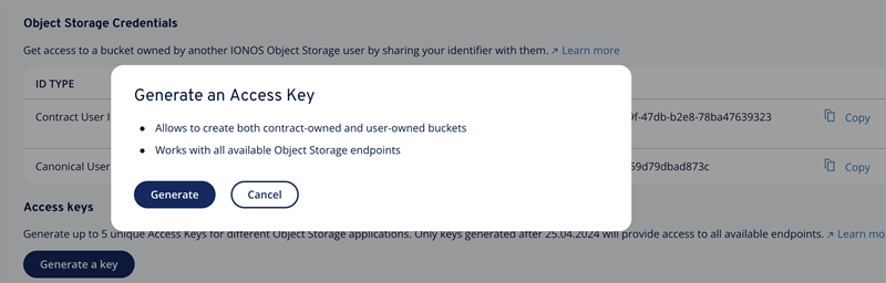 Screenshot of the Generate an Access Key dialog box in IONOS Cloud