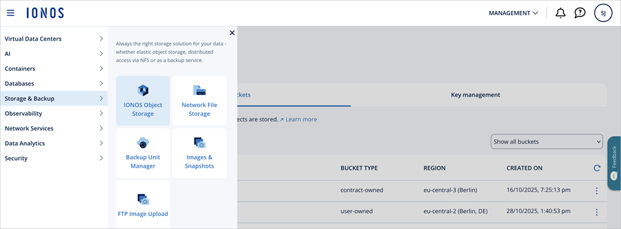 Screenshot of the IONOS Object Storage option in IONOS Cloud