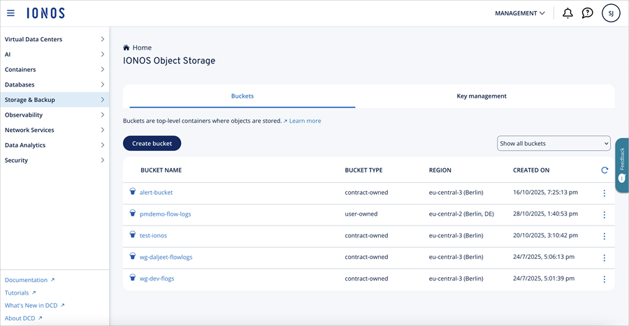 Screenshot of the Create bucket button in the IONOS Object Storage UI