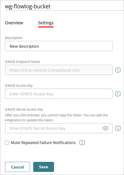 Screenshot of the IONOS integration details after a successful cloud integration with ThreatSync+ NDR, Settings tab