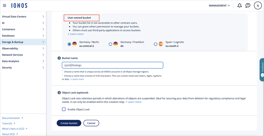 Screenshot of the User-owned bucket section in IONOS Cloud