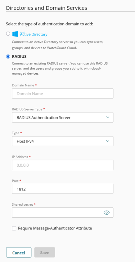 Screen shot of the Add servers settings, with RADIUS selected