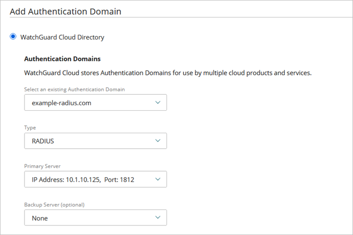 Screen shot of the Add Authentication Domain page for a Firebox, RADIUS server