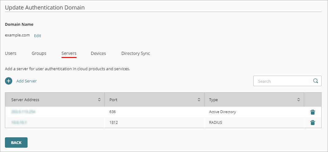 Screen shot of the Update Domain page, Servers tab