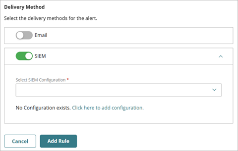 Screenshot of the Delivery Method section for the Add a Notification Rule Wizard in WatchGuard Cloud, SIEM toggle enabled