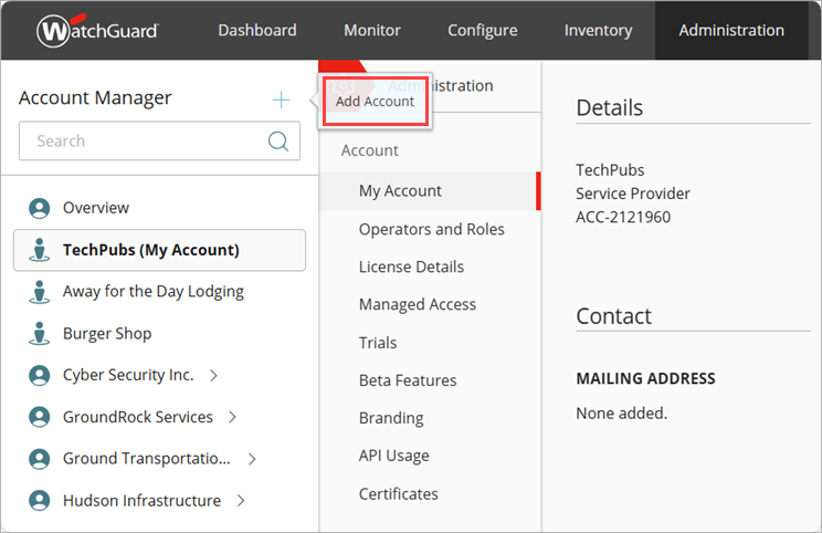 Screen shot of WatchGuard Cloud, Account Manager, Add Account