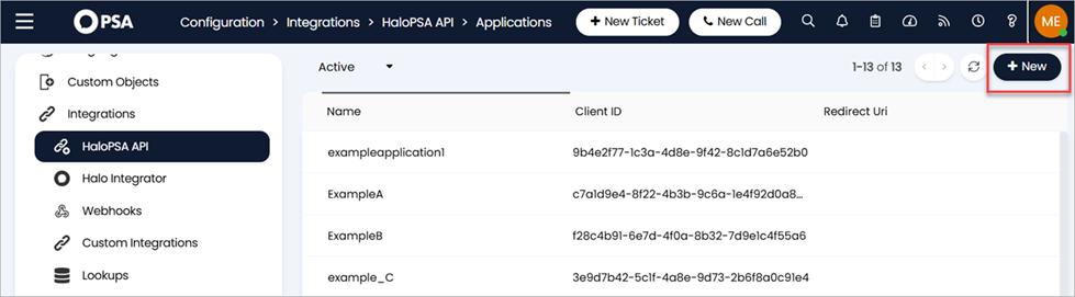 Screenshot of the HaloPSA Applications list