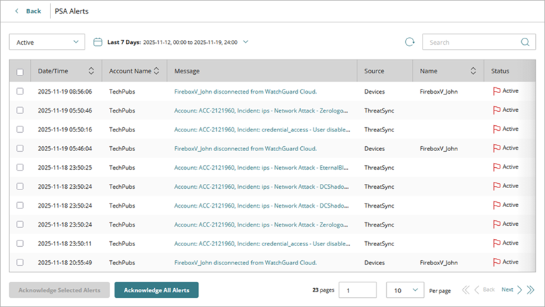 Screenshot of the PSA Alerts page