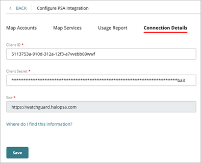 Screenshot of the PSA connection details for HaloPSA