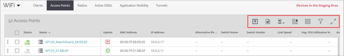 Screen shot of the Monitor > Clients page with the table operation icons indicated