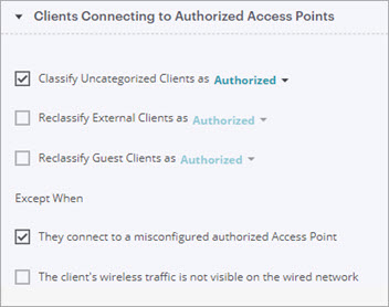 Screen shot of the Authorized APs Client Classification settings in Discover