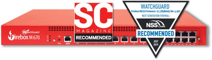 Logo rosso di WatchGuard Firebox con “SC Magazine Recommended” (Consigliato da SC Magazine) e logo “NSS Labs Recommended” (Consigliato da NSS Labs) in alto