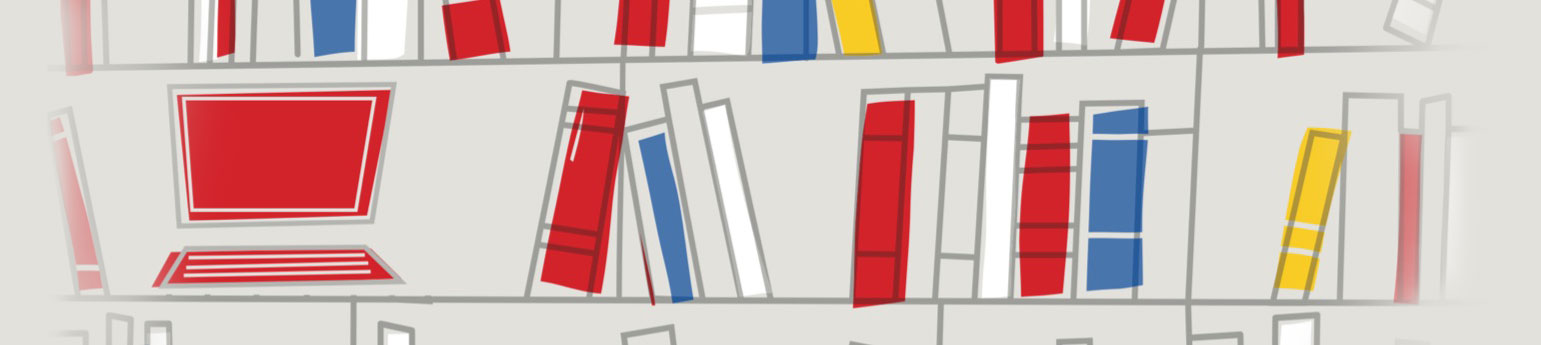 Hand drawn illustrations on books and a computer on a shelf in primary colors