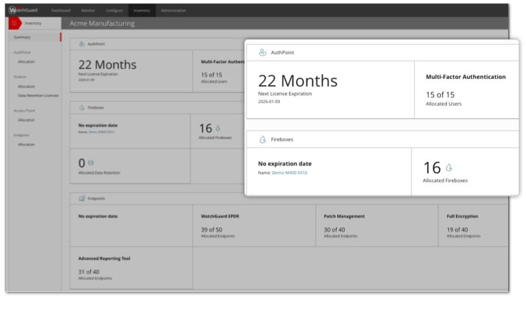 WatchGuard Cloud dashboard showing license inventory for MFA and Fireboxes