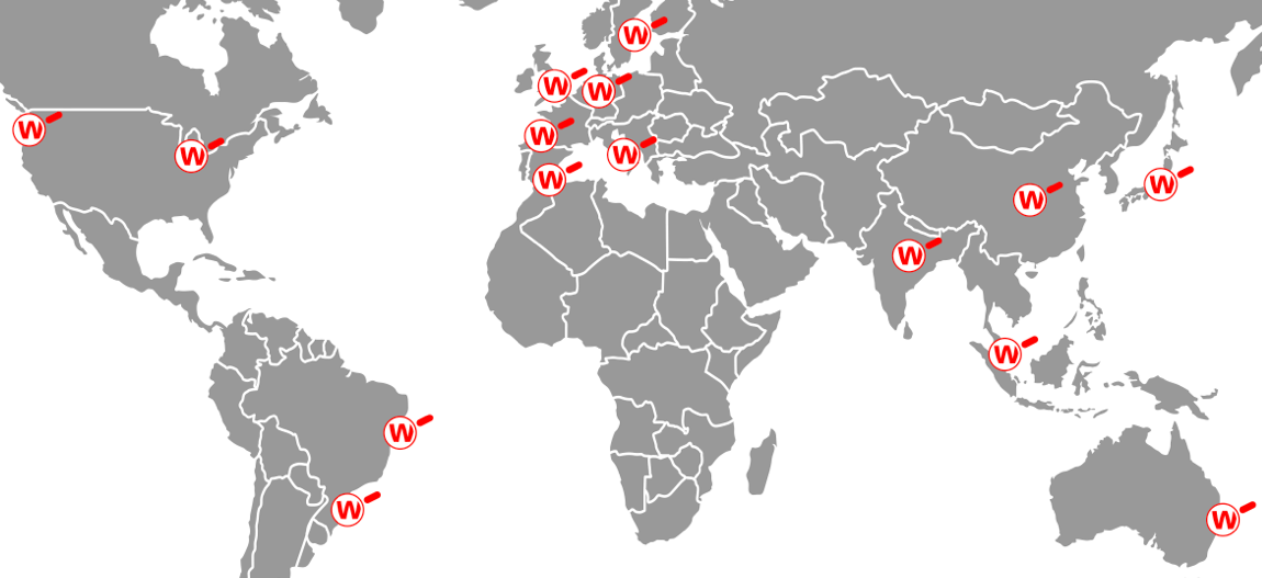 Mapa do mundo com lupas vermelhas da WatchGuard marcando onde trabalhamos