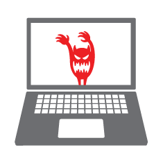 Red monster with big teeth on the screen of an illustrated laptop