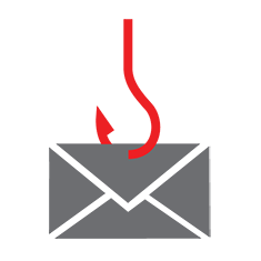 Red fishhook capturing a gray email envelope icon