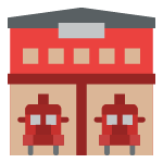 Illustration of two firetrucks inside a fire station garage