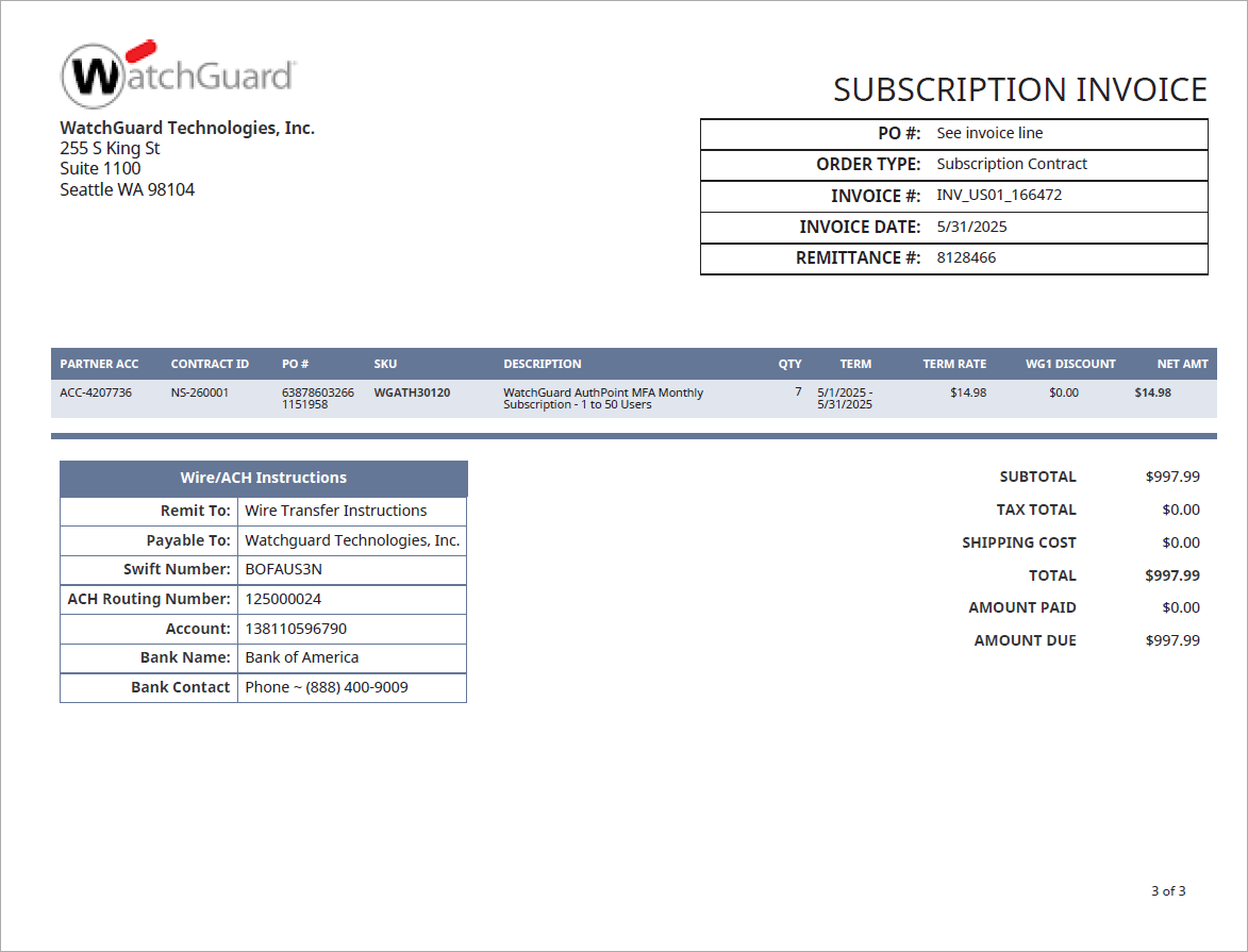 Screen shot of sample WatchGuard subscription invoice, first page