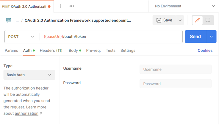 Screen shot of the oauth/token request Auth tab