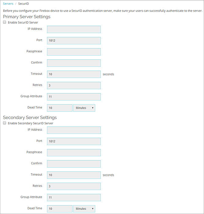 Screen shot of the SecurID server settings