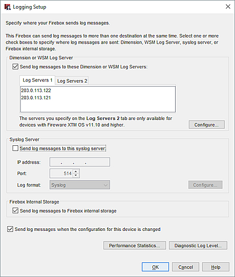 Screen shot of the Policy Manager Logging Setup dialog box
