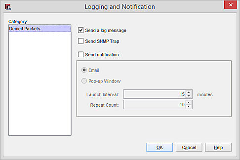 Screen shot of the Policy Manager Logging and Notification dialog box for a policy that denies connections