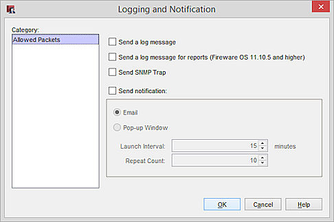 Screen shot of the Logging and Notification dialog box for a packet filter policy that allows traffic