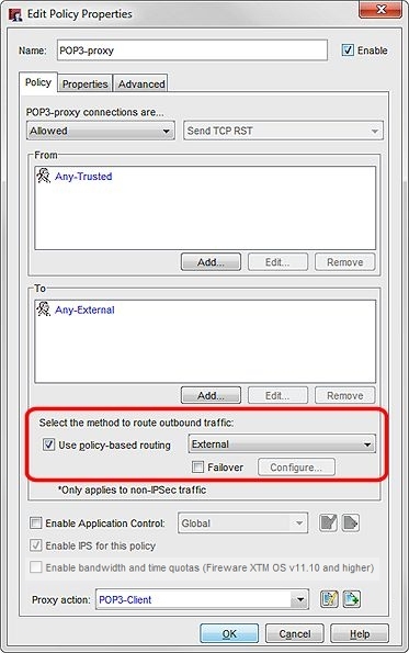 Screen shot of Policy-based routing settings from a Policy Properties dialog box