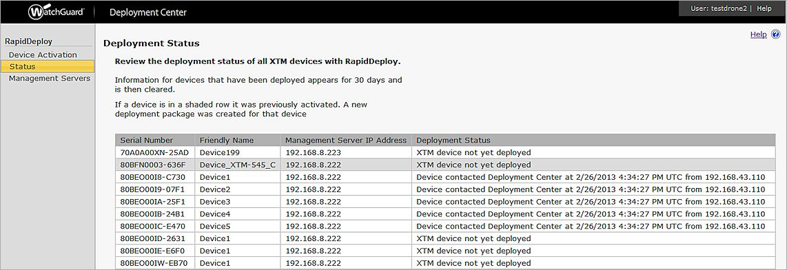 Captura de pantalla de la página Estado de Implementación, lista Dispositivo XTM Implementado