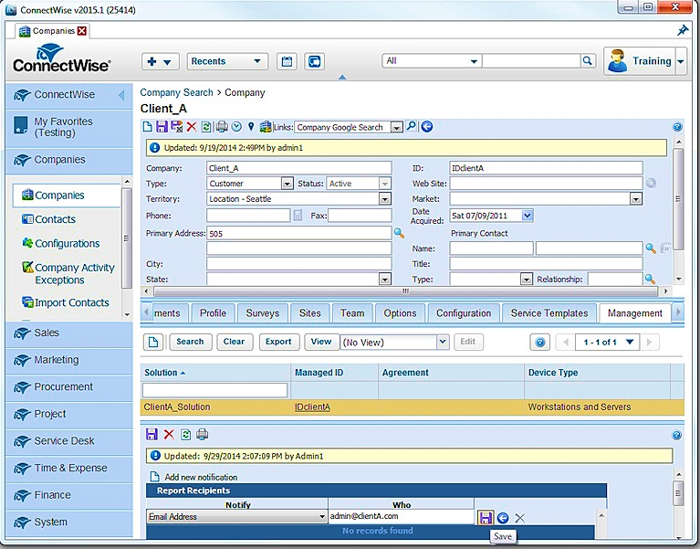 Captura de pantalla de la página Empresa Client_A, pestaña Administración