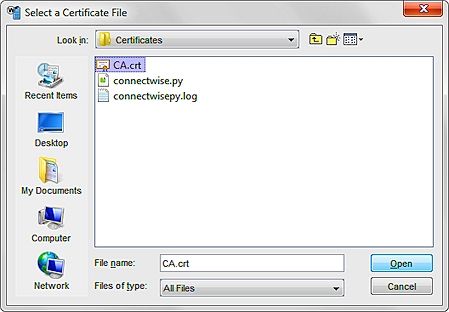 Captura de pantalla del cuadro de diálogo Seleccionar Archivo de Certificación.