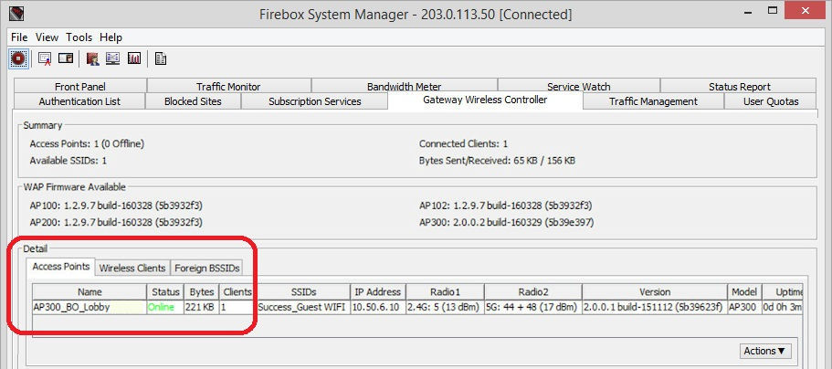 Capture d'écran de l'onglet Points d'accès du GWC dans Firebox System Manager