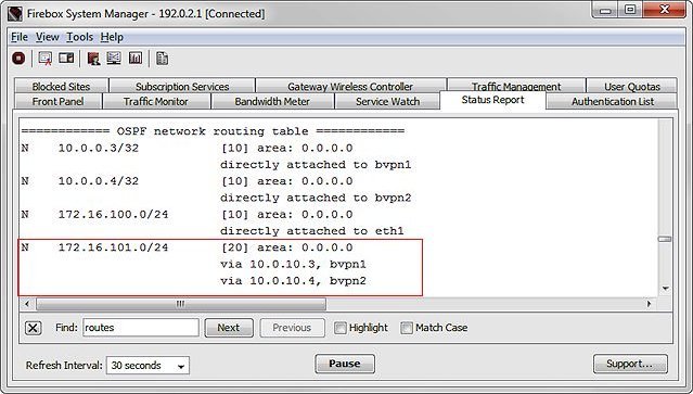 Capture d'écran de la table de routage réseau OSPF