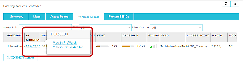 Capture d'écran de la page Clients Sans Fil avec les liens des adresses IP vers FireWatch et Traffic Monitor
