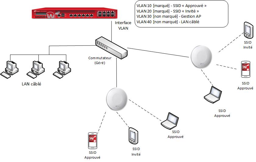 Schéma de deux périphériques AP connectés à un commutateur géré derrière le Firebox, avec réseaux VLAN activés