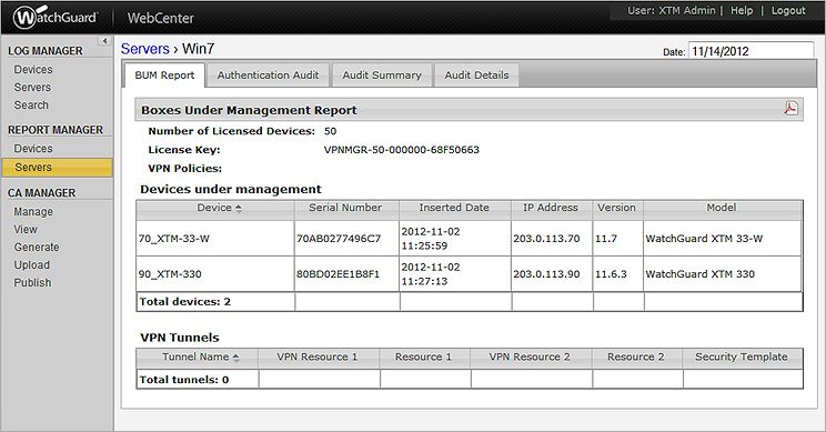 Capture d'écran de la page Rapport du BUM de Management Server